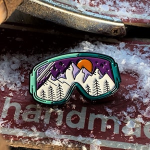 PURPLE SKI GOGGLES Mountain Sunset enamel pin badge, for the adventureous!