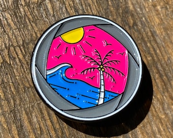 Aperture beach Sunset enamel pin badge neon version, for those travellers out there...