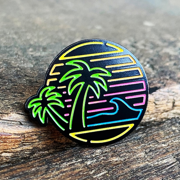 Neon Beach Sunset enamel pin badge, keeping alive those retro 80's vibes..