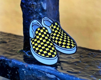 Enamel pin badge, Slip-on sneakers black and yellow checkerboard
