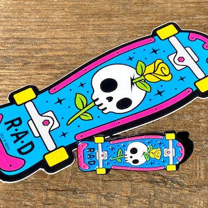 Skull skateboard enamel pin badge and sticker combo blue neon version, for those 80’s skaters to reminisce....