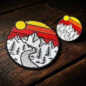 Mountain Sunset enamel pin badge and Patch combo