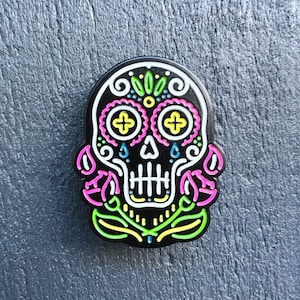 Neon Sugar Skull enamel pin badge, celebrate the Day of the Dead...