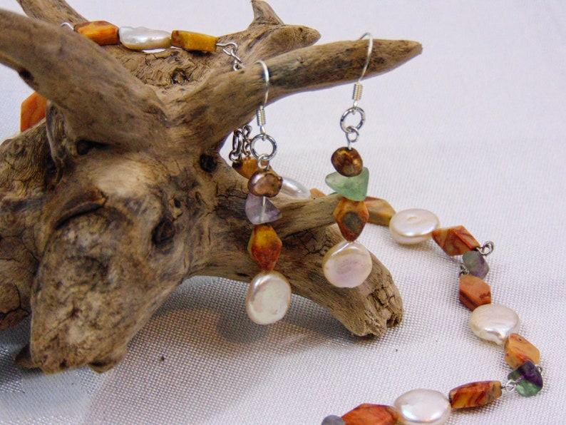 Freshwater Pearl Mabe Pearl Rose Quartz Green Jasper Fluorite and Orange Stone Jewelry Set Mother of Pearl Shell