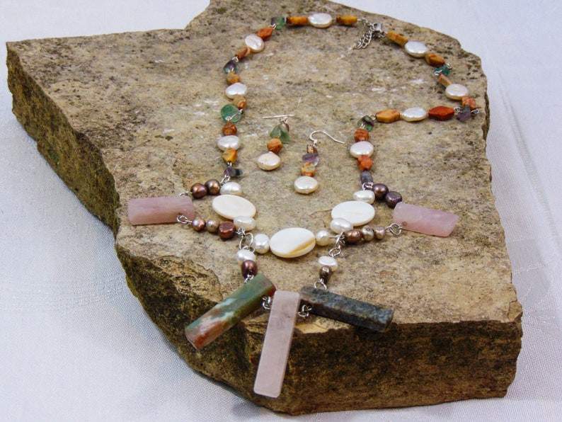 Freshwater Pearl Mabe Pearl Rose Quartz Green Jasper Fluorite and Orange Stone Jewelry Set Mother of Pearl Shell