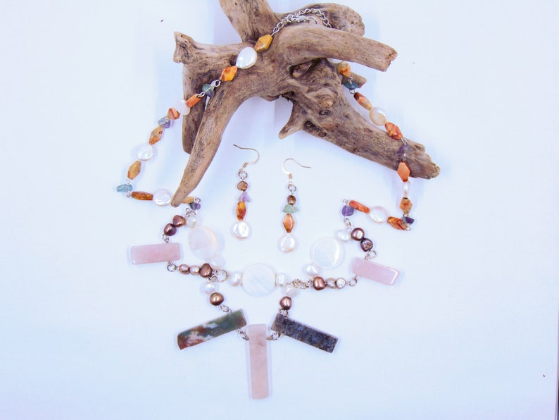 Freshwater Pearl Mabe Pearl Rose Quartz Green Jasper Fluorite and Orange Stone Jewelry Set Mother of Pearl Shell