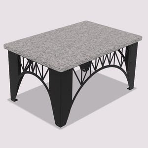 May include: A rectangular coffee table with a speckled gray top and black metal legs. The legs feature an arched design with decorative geometric cutouts. The table is approximately 36 inches long, 20 inches wide, and 18 inches high.