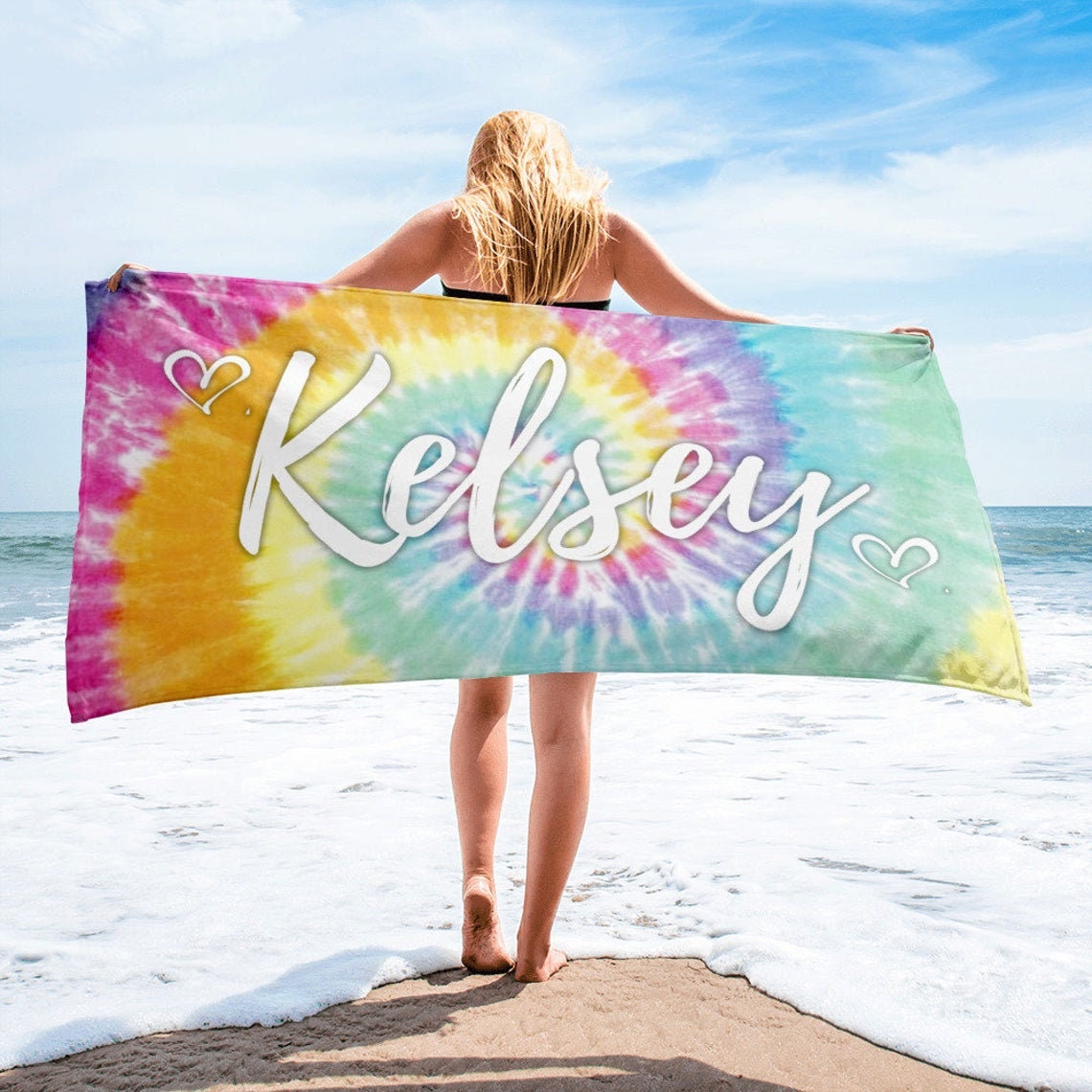 Personalized, Tie Dye Beach Towel, Rainbow Tie Dye, Custom Beach Towe…