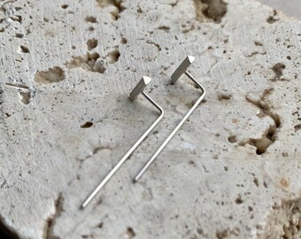 Long triangular bar silver threader earrings | modern minimalist jewelry