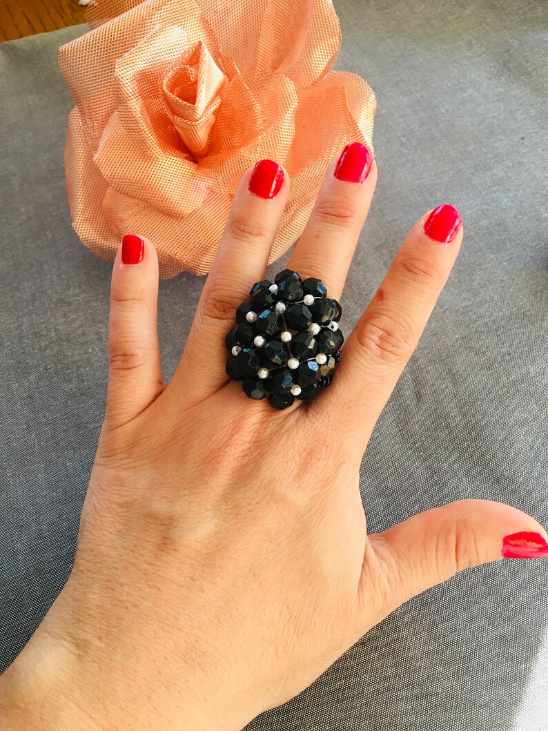 Black beaded ring Flexible ring Ring for women Silver