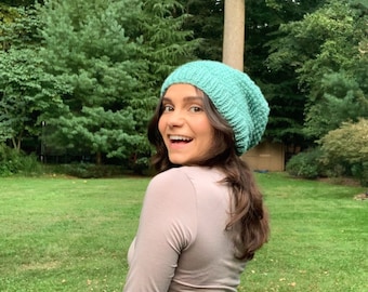 Handmade Slouchy Knit Beanie in Blue