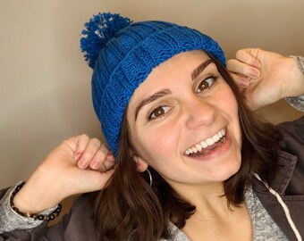 Blue Knit Hat with Pom Pom, Blue Winter Hat, Blue Knit Beanie, Knit Pom Pom Hat