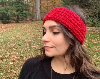 Red knit headband, knitted ear warmer, red knit ear warmer