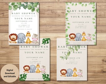 Baby Shower Animal Invitation, Jungle Baby Shower Invitation, Baby Shower Digital Editable Printable, Gender Neutral Baby Shower