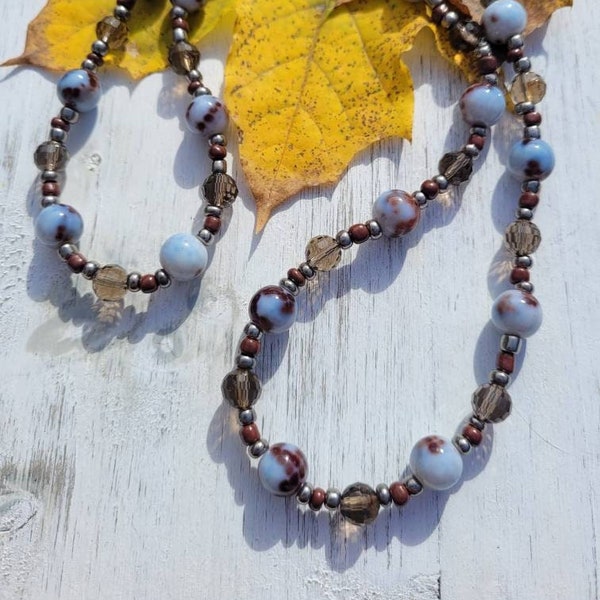 Smoky topaz and blue long beaded necklace