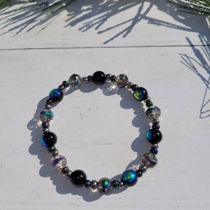 Black iridescent crystal beaded stretch bracelet