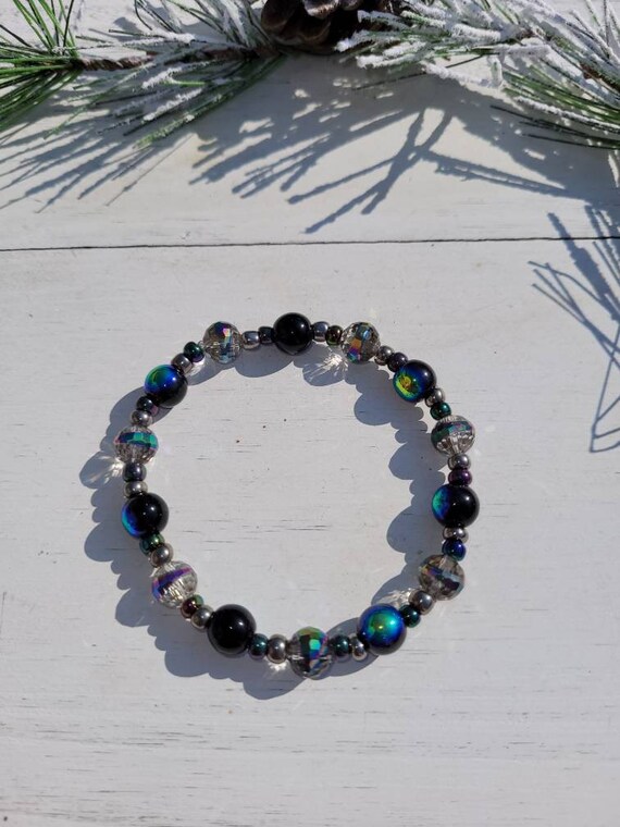Black Iridescent Crystal Beaded Stretch Bracelet - Etsy