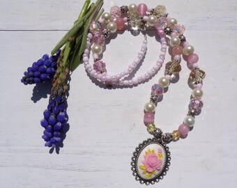 Pink Victorian cameo beaded necklace