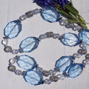 Long large blue crystal and silver beaded necklace