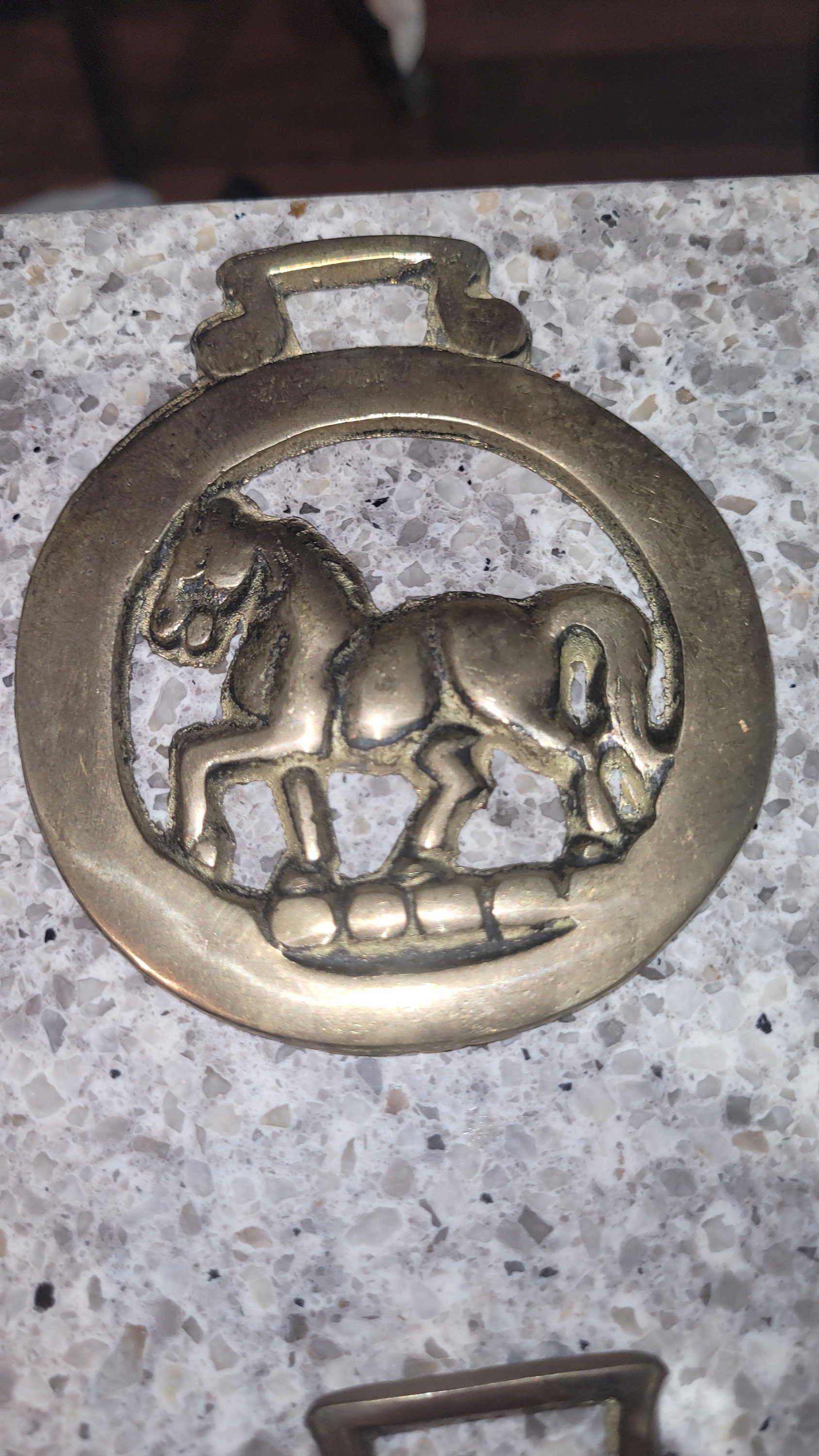 Ancien Médaillon De Bride De Cheval En Laiton équestre Motif Fer à Cheval