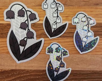 Lily of the Valley with Spiderweb and Ghosts Sticker. Gothic or Dark Romance Holographic Bookish Flower Decal.