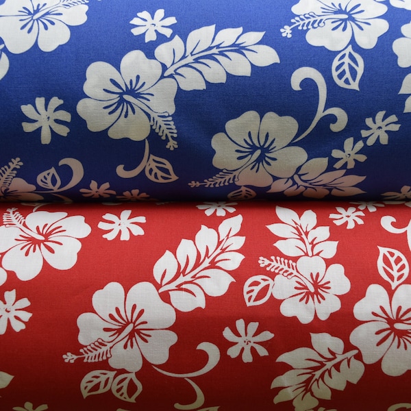 100% cotton Hibiscus Flower BLUE/ RedHawaiian Fabric By The Yard