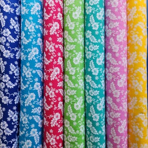 100% Cotton-Hibiscus Flower-Royal B./Baby B./Fuchia/Lime/Mint/Pink/Yellow-Hawaiian Fabric By The Yard
