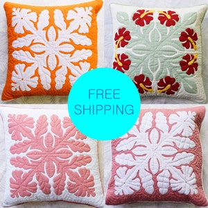 Hawaiian Quilt Throw Pillow Covers | Hibiscus Flowers | 18 x 18” | Home Decor | Mother&#39;s Gift | Christmas Gift
