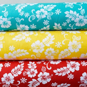 100% cotton Hibiscus Flower Red/Yellow/Mint Hawaiian Fabric By The Yard