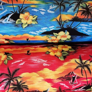 100% cotton Hawaiian Fabric By The Yard - Hawaiian Sunset - Red or Blue