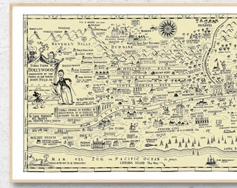 1932 Hollywood Map / Detailed and Humorous John Held Jr Pictorial Cartoon Map