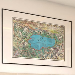 1947 Lake Tahoe Map Print / California Nevada Resort Promotional Wall Art Poster
