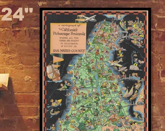 San Mateo County Pictorial Map Print / 1939 Cartoon California Ruth Taylor White Wall Art Poster