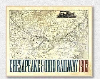Chesapeake And Ohio Railway 1903 Poster Railroad Route Map Train Decor