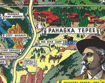 Cody Road Pictorial Map Wrapped Canvas Print / 1930s Cartoon Map Buffalo Bill Scenic Byway Wyoming US Highway 14