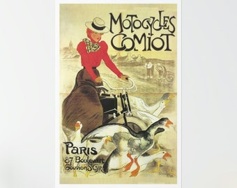 1899 Motocycles Comiot Poster Print / T A Steinlen French Art Nouveau Geese Pretty Woman on Motorcycle Wall Art