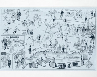 1958 Ivy League Pictorial Map / New Cartoon Map Ivy League Fifties