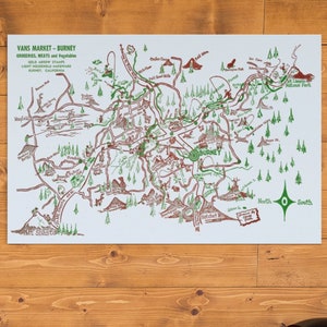 Burney Shasta County Pictorial Map 1950s / Mt Shasta Lassen Cartoon Map Cabin Decor