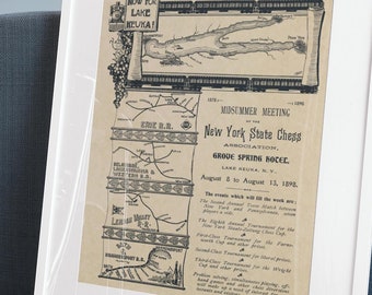 1898 Keuka Lake Chess Tournament Poster / Map Railroad Routes Grove Spring Hotel Hammondsport Penn Yan
