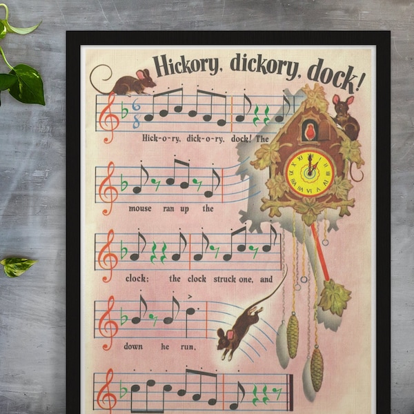 Hickory Dickory Dock Poster Print / Children's Nursery Rhyme Wall Art 9x12 12x16 18x24