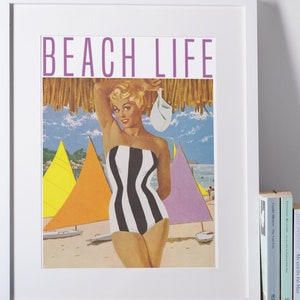 Beach Life Retro Poster / Fun 1950s Style Print Wall Art Beach House Cottage Vintage Swimsuit Sailboats 9x12 12x16 18x24