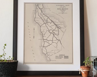 1920 San Mateo County California Road Map Poster Print Retro Wall Art / 11x14 16x20