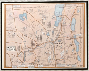 1928 Modoc County Cartoon Map - California Topographic Print Poster Wall Art 12x9 16x12 24x18 30x22