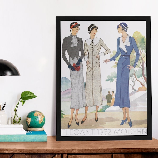 1932 Women'S Fashion Poster / Blue Gray Retro Vintage Haute Couture Decor