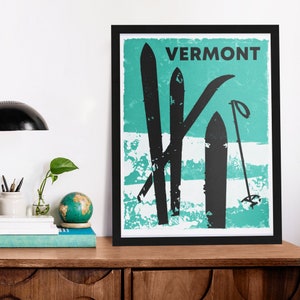 Vermont Snow Skis Poster / Retro Skier Skiing Art Print 8x10 12x16 16x20 or 22x28