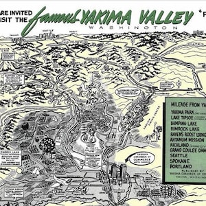 1949 Yakima Valley Cartoon Map - Washington Topographischer Druck Plakat Wandkunst 9x12 12x16 18x24 30x40