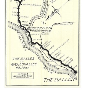 1910 The Dalles to Grass Valley Road Map Print / Retro Oregon Highways Posters