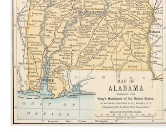 Map of 1891 Alabama / New Poster Print Wall Art 12x18 20x30 24x36 Historical History Housewarming Gift