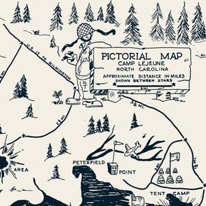 May include: A vintage pictorial map of Camp Lejeune, North Carolina, with hand-drawn illustrations of trees, buildings, and an airplane. The map includes text indicating distances in miles and the year 1950. A cartoon figure stands next to the map.
