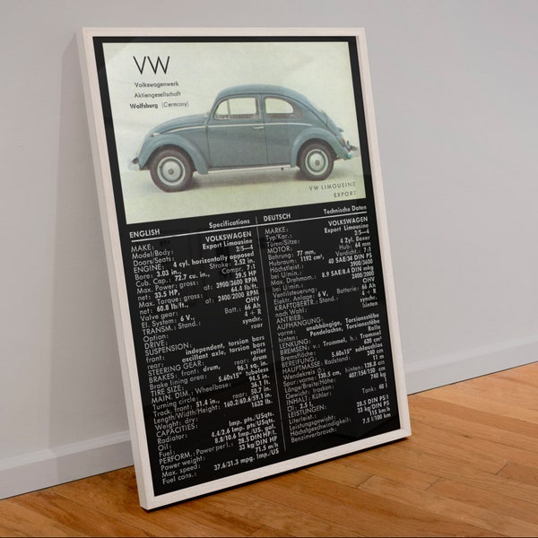 1962 Volkswagen Specs Poster / VW Export Limousine with Specifications in English/German